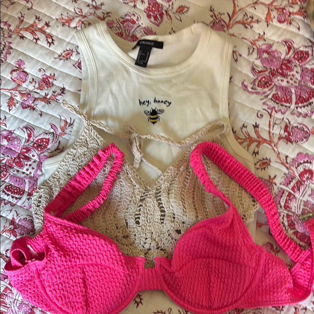 Pink bikini top and Cream Crochet Top